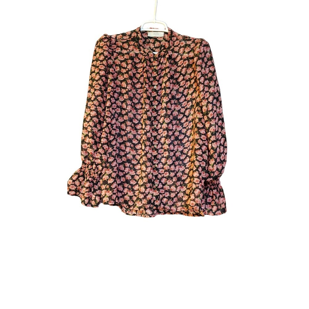 Azoe Sheer Button Down Blouse With Mock Collar Large Black Roses Bell Sleeves